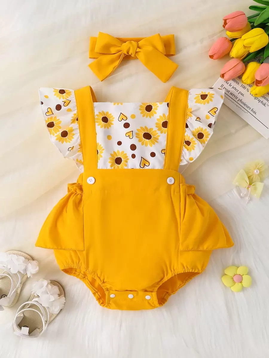 Baby Girls' Cute Square Collar Floral Ruffled Romper With Headband, Casual Style, Spring/Summer