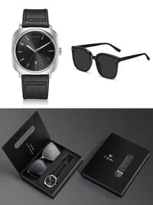 TOMI Relógio de quartzo masculino TOMI com óculos de sol, design de mostrador minimalista moderno e descolado, calendário, pulseira de liga de zinco, caixa de presente para homens, adequado para a vida diária, negócios, dia dos pais, dia dos namorados