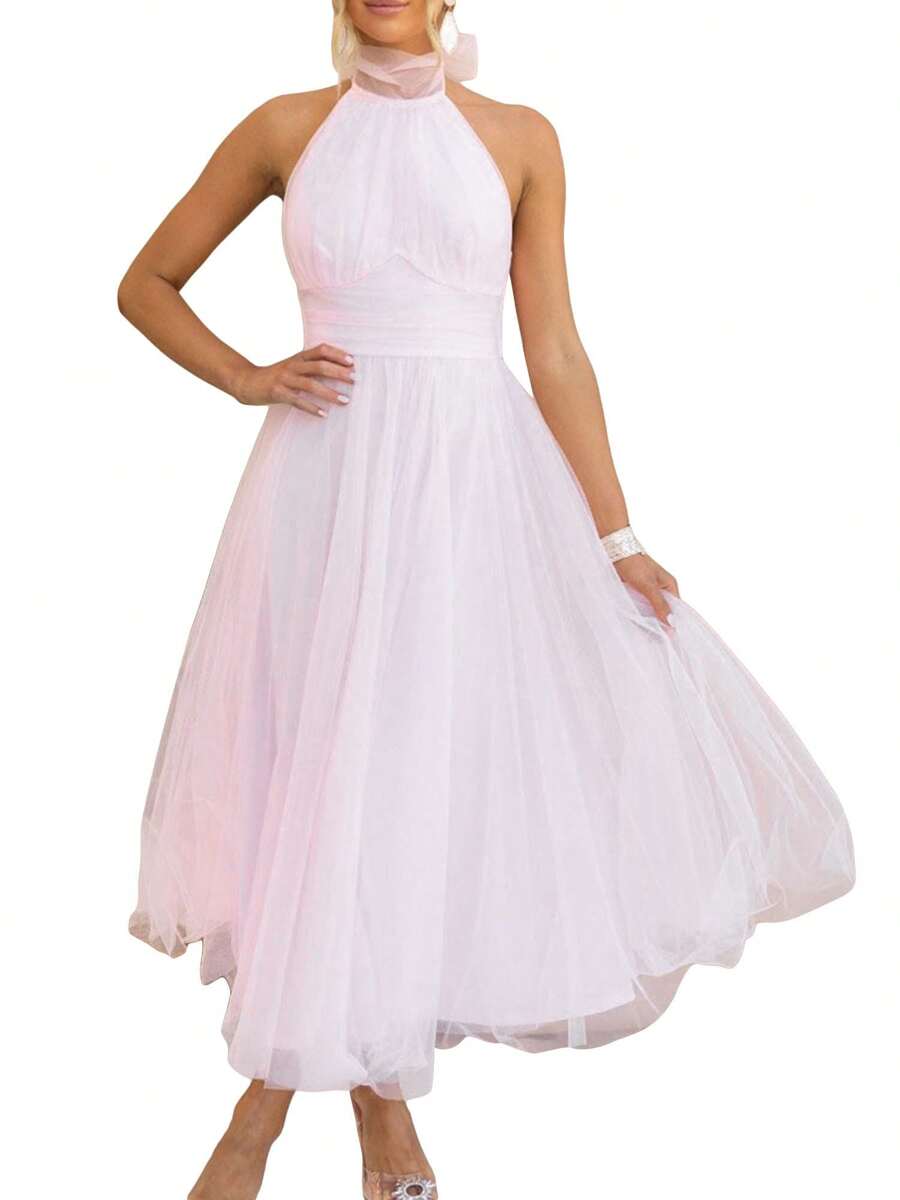 Womens Backless Long Dress Adjustable Tie Halter Neck Tulle High Waist Solid Cocktail Party Wedding Dress - 粉色 - 查看 1