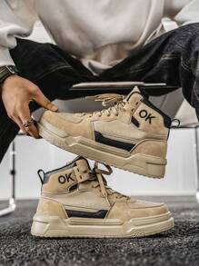 Giày trượt patin đế mềm cổ cao bằng da PU in chữ màu tương phản cho nam, phong cách đường phố, giày thể thao đế bằng buộc dây - kaki - Xem 5