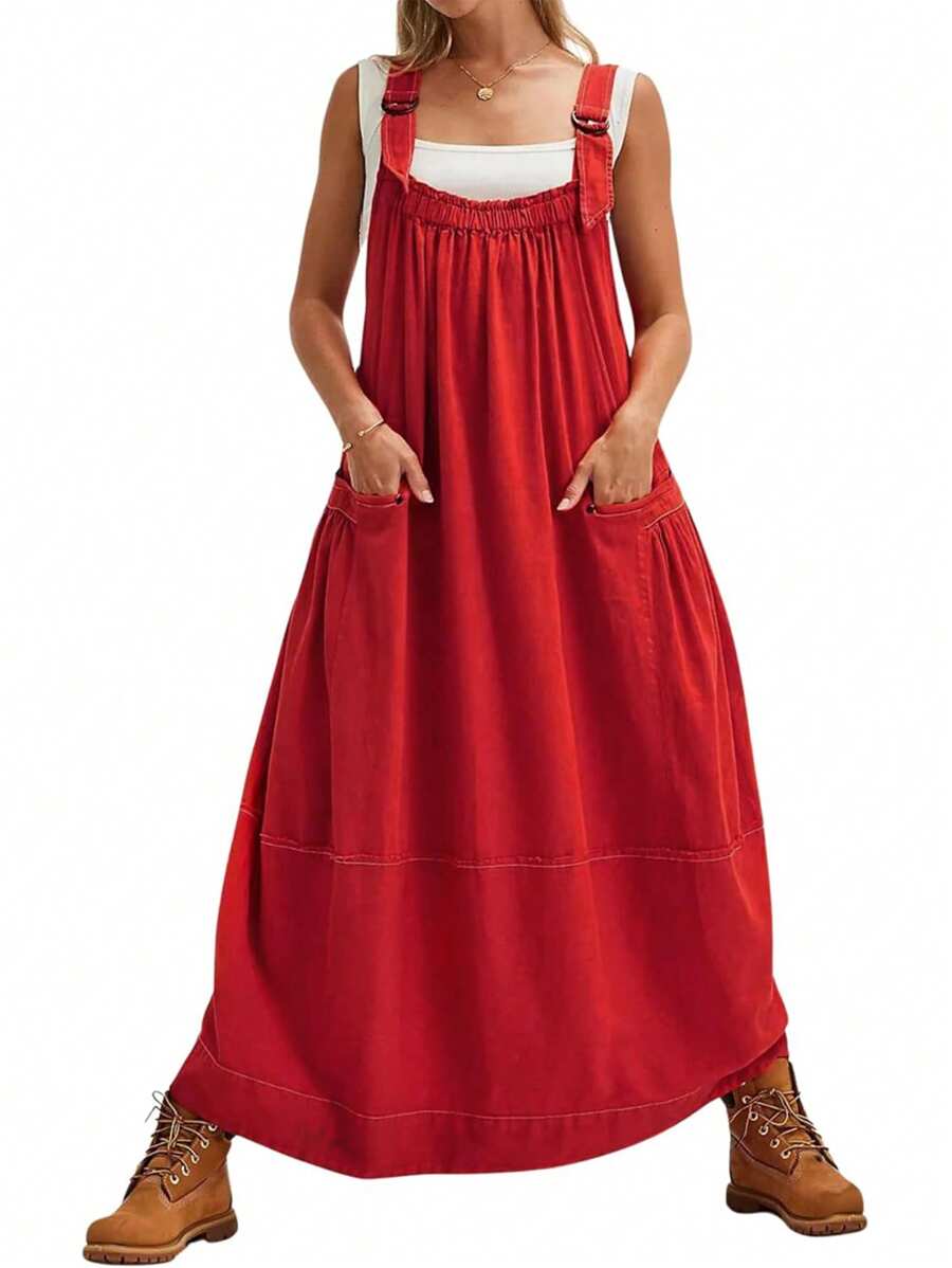 Women's Barrel Midi Dress Loose Adjutable Strap Big Pockets Maxi Dress Overall Jumpsuits - Đỏ - Xem 1