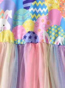 Vestido con estampado de elementos de Pascua y superposición de malla, de manga corta, para niña