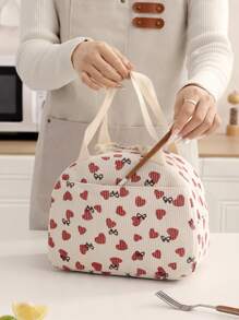 1pc Cute Corduroy Lunch Bag - Heart & Bow Design, Large Capacity, Portable Insulated Thermal Cooler Tote With Double Handle & Dual Zipper, Reusable, Gifts For Teachers, Friends And Family, Lunch Bag Lunchbox Lunch Bag Women School Picnic Bag Camping Cooler Bag Classroom Cool Bag Picnic Bag Bento Woman Lunch Box Bag For Women Ladies School Supplies Stuff Accessories - Red and White - View 6