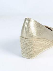 Zapatos de mujer con cuña 2025, nueva temporada, puntera redonda, plataforma con trenza de paja, tacón alto de lino, estilo slip-on, moda casual y cómoda para vacaciones - Dorado - Ver 9