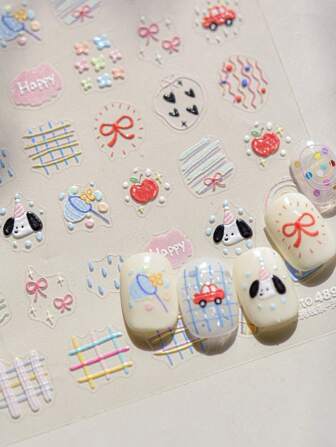 1 Piece Of 5D Relief Cartoon Nail Sticker, Cute Little Dog Bow, Flower Graffiti Lines, Self-Adhesive Nail Sticker, DIY Nail Charm, Stickers