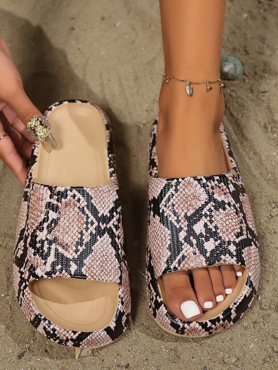 Women's Thick Sole Non-Slip Comfortable Slippers, Outdoor Casual Colorful National Flag Beach Slides - Khaki Snake Print - View 1