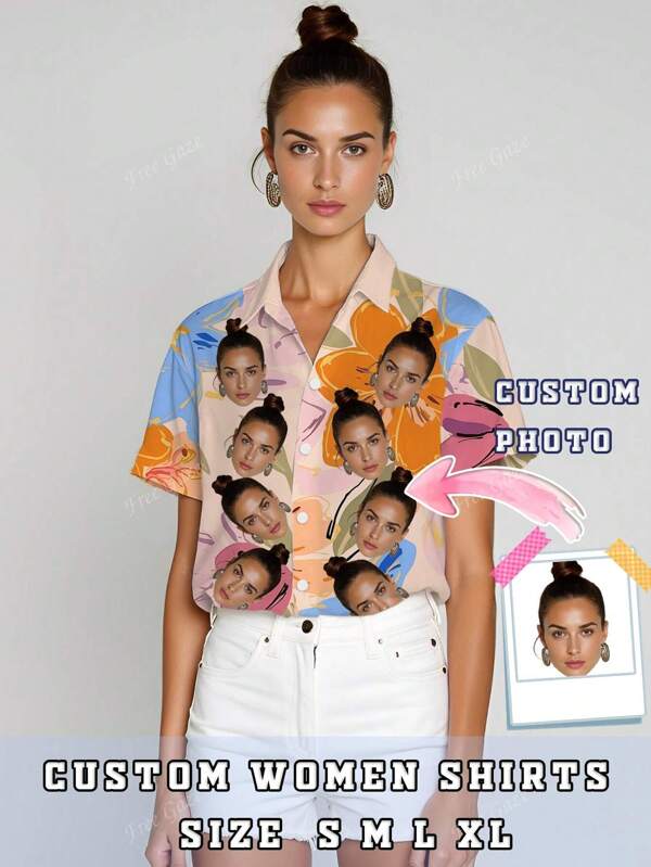 Summer Women Custom Photo Short Sleeve Shirt Fashion Personalized Hawaii Shirts 3D Floral Printing Tees Add Your Photos To Design Custom Fun Blouse Vacation Casual Outfit