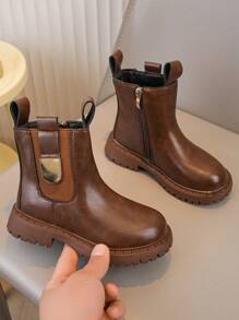 1 Pair Children PU Leather Splice Design Flat Bottom Non-Slip Wear-Resistant Casual Short Boots, Suitable For Spring And Autumn - Coffee Brown - View 3