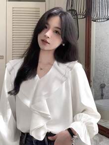 Women's V-Neck Ruffle Trim Long Sleeve Blouse, French Style Delicate Elegant Flared Sleeve Design Tops For Spring & Summer - White - View 6