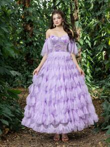Off Shoulder Floral Applique Bodice Contrast Tiered Ruffle Hem Homecoming Prom Dress Perfect Wedding Guest Dress, For Back To School, Gathering, Dance & Cocktail Events, Party Dress - Lilac Purple - View 4