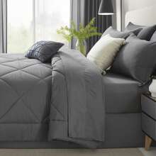 5/7 Piece Solid Color Bed Comforter Set Queen, Creative Geometric Pattern Design, Soft And Comfortable Summer Bedding Set.Bed In A Bag For All Seasons, Includes Comforter, Flat Sheet, Fitted Sheet, Pillowcases,  Ideal Gift. - Màu xám đen - Xem 8