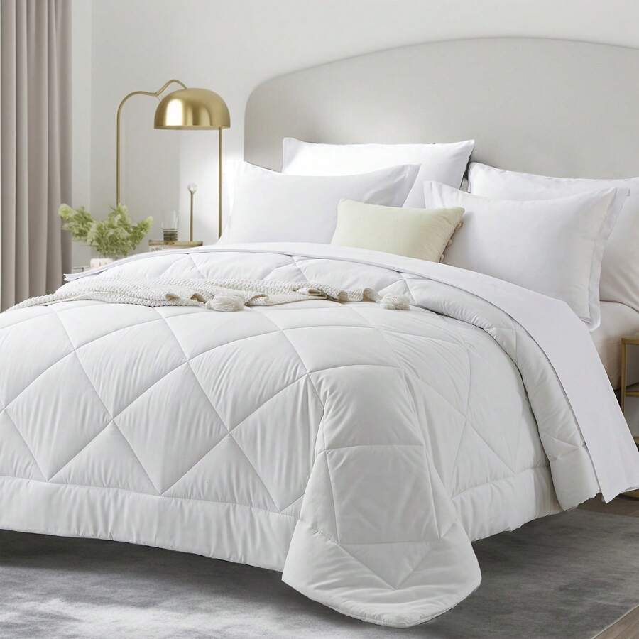 5/7 Piece Solid Color Bed Comforter Set Queen, Creative Geometric Pattern Design, Soft And Comfortable Summer Bedding Set.Bed In A Bag For All Seasons, Includes Comforter, Flat Sheet, Fitted Sheet, Pillowcases, Ideal Gift. - 白色 - 查看 1