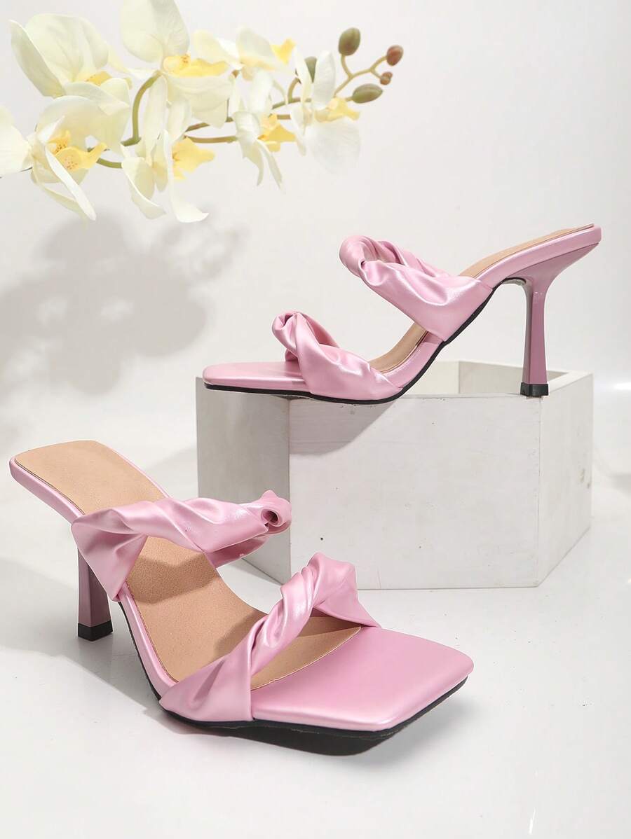 女士时尚简约条纹扭纹细节方头高跟凉鞋 - 粉色 - 查看 1