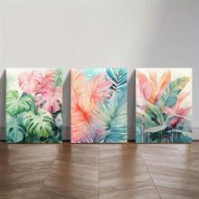 3 pièces/set, Peinture décorative encadrée suspendue sur canevas, affiche, art mural, ensemble d'art sur canevas aquarelle de feuilles tropicales, impressions vibrantes de Monstera et de palmiers, décoration murale de style bohème pour salon, chambre à coucher, bureau à domicile - Style moderne/classique, utilisation intérieure/extérieure, décoration de pièce