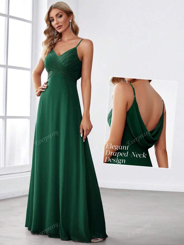 EVER-PRETTY Spring Solid Ruched Draped Backless Cami Spaghetti Straps Bridesmaid Dress Elegant Dress Wedding Guest Dress For Wedding
