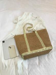 2025 新款大容量编织手提包，海滩度假草编大包 - 金色 - 查看 4