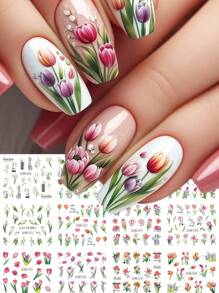 12 Styles Design Tulip Flower 1pc Nail Art Stickers, Plant Blooming Snowdrops Floral Leaf Sliders Gift Wedding Nails Water Transfer Decals Design Manicure Charm Decoration (Without Viscosity)