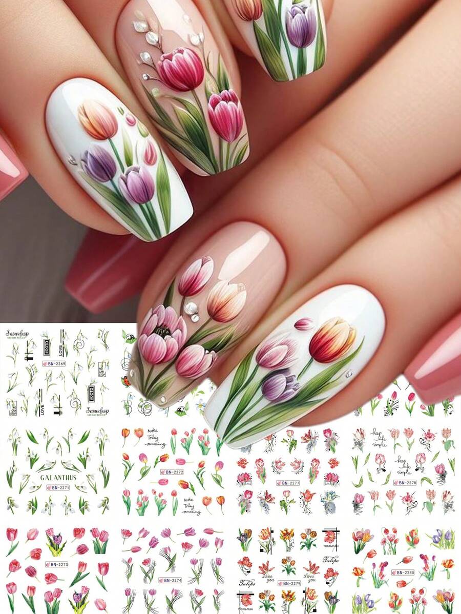 12 Styles Design Tulip Flower 1pc Nail Art Stickers, Plant Blooming Snowdrops Floral Leaf Sliders Gift Wedding Nails Water Transfer Decals Design Manicure Charm Decoration (Without Viscosity)