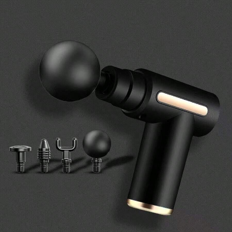 1 Masajeador portátil y mini, pistola de masaje eléctrica, masajeador de músculos de percusión de tejido profundo, con 4 cabezales intercambiables y 6 niveles ajustables, adecuado como regalo para hombres y mujeres durante festividades.