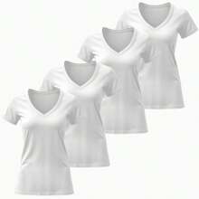 Kit 4 Blouses Basic Plain Women's T-Shirts 100% Cotton V-Neck T-Shirt - 查看 1