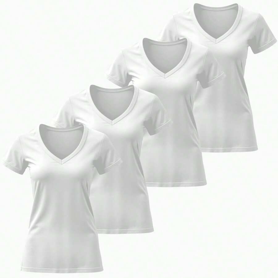Kit 4 Blouses Basic Plain Women's T-Shirts 100% Cotton V-Neck T-Shirt - 查看 1
