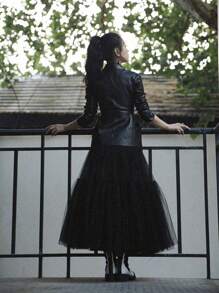 1pc Fluffy Black Tulle Maxi Skirt, Elegant Pleated Skirt, Women Ballroom Dance Dress, Female Skirt