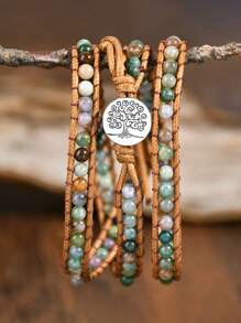 Brazalete de estilo bohemio envolvente de 3 capas con piedra de ágata natural, brazalete de yoga vintage multicapa - multicolor - Ver 3