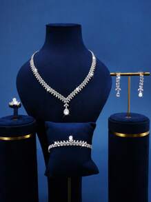 5pcs Fashionable Fully Rhinestoned Jewelry Set Including Necklace, Earrings, Ring, Bracelet, Suitable For Women's Wedding, Party, Birthday, Holiday Wearing