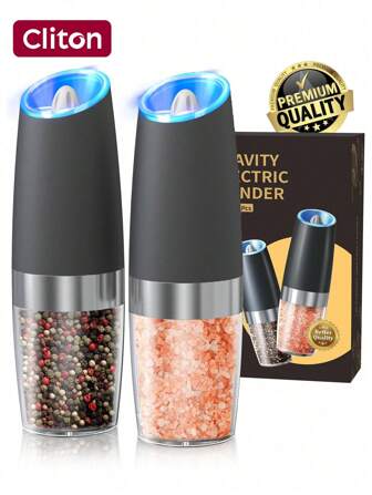 CLITON 重力电动盐和胡椒研磨机，盐或胡椒研磨器和可调节粗细度，电池供电，带 LED 灯，单手自动操作，升级容量更大，不锈钢黑色，重力电动盐和胡椒研磨机套装自动摇晃器研磨机带 LED 灯，电池供电可调节粗细度单手操作，圣诞礼物，厨房小工具礼品创意