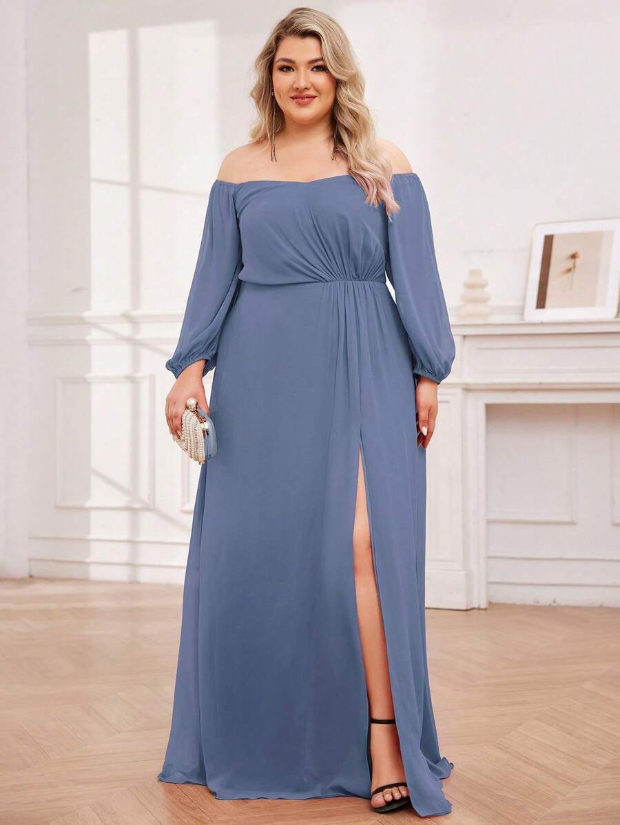 EVERPRETTY Plus Off Shoulder Lantern Sleeve High Split Blue Bridesmaid Dresses Spring Formal Dresses - Dusty Blue - View 1