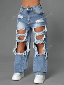Jeans droits avec poches obliques contrastées et découpes