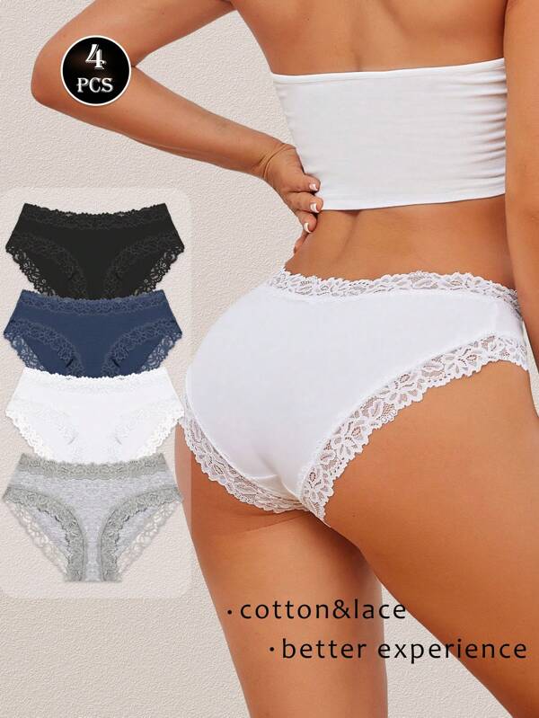 4pcs Lace Trim Mid-Waist Briefs For Women, Comfortable Daily Elegant Underwear