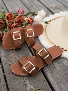 Sandalias planas de verano de estilo vintage con punta abierta, modelo 2025 - Marrón - Ver 5
