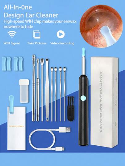 Kit de eliminación de cerumen con cámara, herramienta para eliminar el cerumen, 6 herramientas de cucharilla para el oído, kit de eliminación de cerumen compatible con iPhone, iPad y teléfonos inteligentes Android, escuela, vuelta al cole, viaje, artículos esenciales de viaje, artículos esenciales del hogar, limpiador de oídos