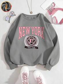 Herbst/Winter New Yorker Modestil personalisierter Buchstaben Slogan Muster Mädchen Baumwolle Dropped Shoulder Sweatshirt, Curve Oversize Fleece Futter Rundhals Loose Lässig Sportswear, vielseitig für Straße & Schule, bequemes Langarm Top