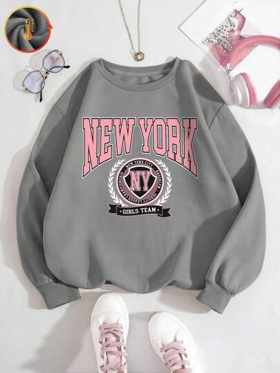 Herbst/Winter New Yorker Modestil personalisierter Buchstaben Slogan Muster Mädchen Baumwolle Dropped Shoulder Sweatshirt, Curve Oversize Fleece Futter Rundhals Loose Lässig Sportswear, vielseitig für Straße & Schule, bequemes Langarm Top