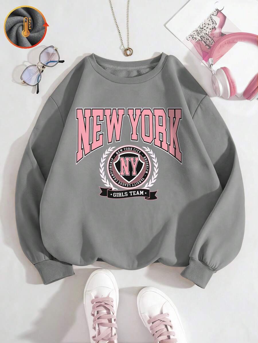 Herbst/Winter New Yorker Modestil personalisierter Buchstaben Slogan Muster Mädchen Baumwolle Dropped Shoulder Sweatshirt, Curve Oversize Fleece Futter Rundhals Loose Lässig Sportswear, vielseitig für Straße & Schule, bequemes Langarm Top