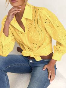 Women's Summer Solid Color Embroidered Hollow Out, Holiday Retro Style Bohemian Embroidery Blouse