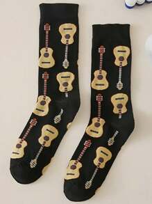 1 Pair Violin Themed Fashionable Mid-Calf Socks, Suitable For Everyday Wear At Home
