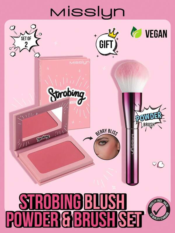 Misslyn MISSLYN-Strobing Blush Powder & Brush Set, Matte Blush, Color Fantasy Blush, Long-Lasting, Contouring, Highlighting, Portable Size, Berry, Suitable For Travel And Outdoor Use, Sweatproof Blush, Matte Small And Cute, High Pigment, Beginner Friendly,Y2K Makeup, New Year Cosmetic,Makeup Party Beach Travel Holiday Camping Outdoors Present Rose Fashion Girl New Year Cosmetic Cosplay Best Trip Festivals Color Fancy Campus School Charm Vibe Cny