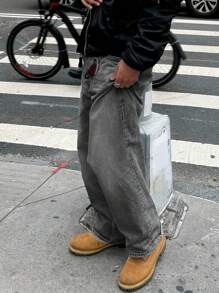 Men's Vintage Loose Fit Casual Versatile Denim Jeans, Suitable For All Seasons, Emo Style