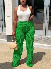 Tulle Ruffle Hem Loose High Waist Wide Leg Pants Summer Spring Streetwear - Olive Green - View 1