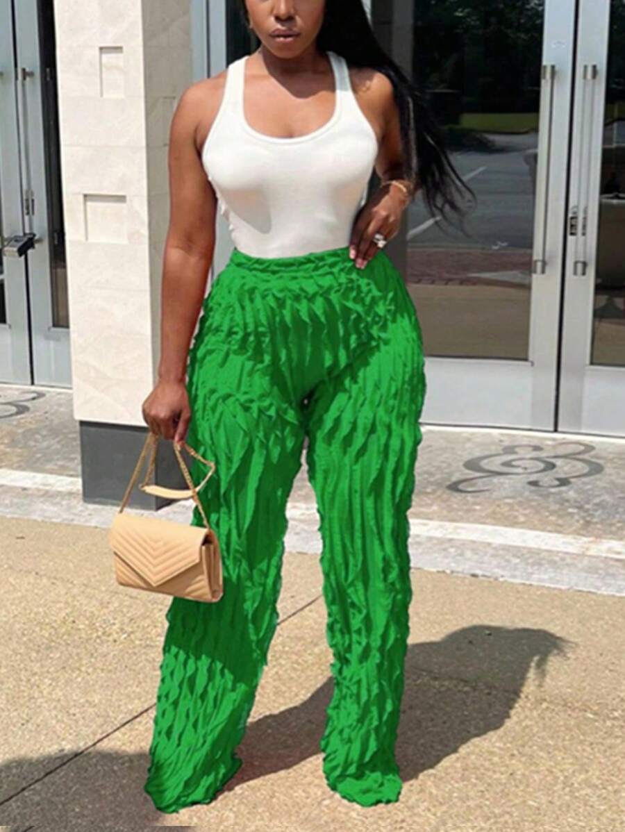 Tulle Ruffle Hem Loose High Waist Wide Leg Pants Summer Spring Streetwear - Olive Green - View 1