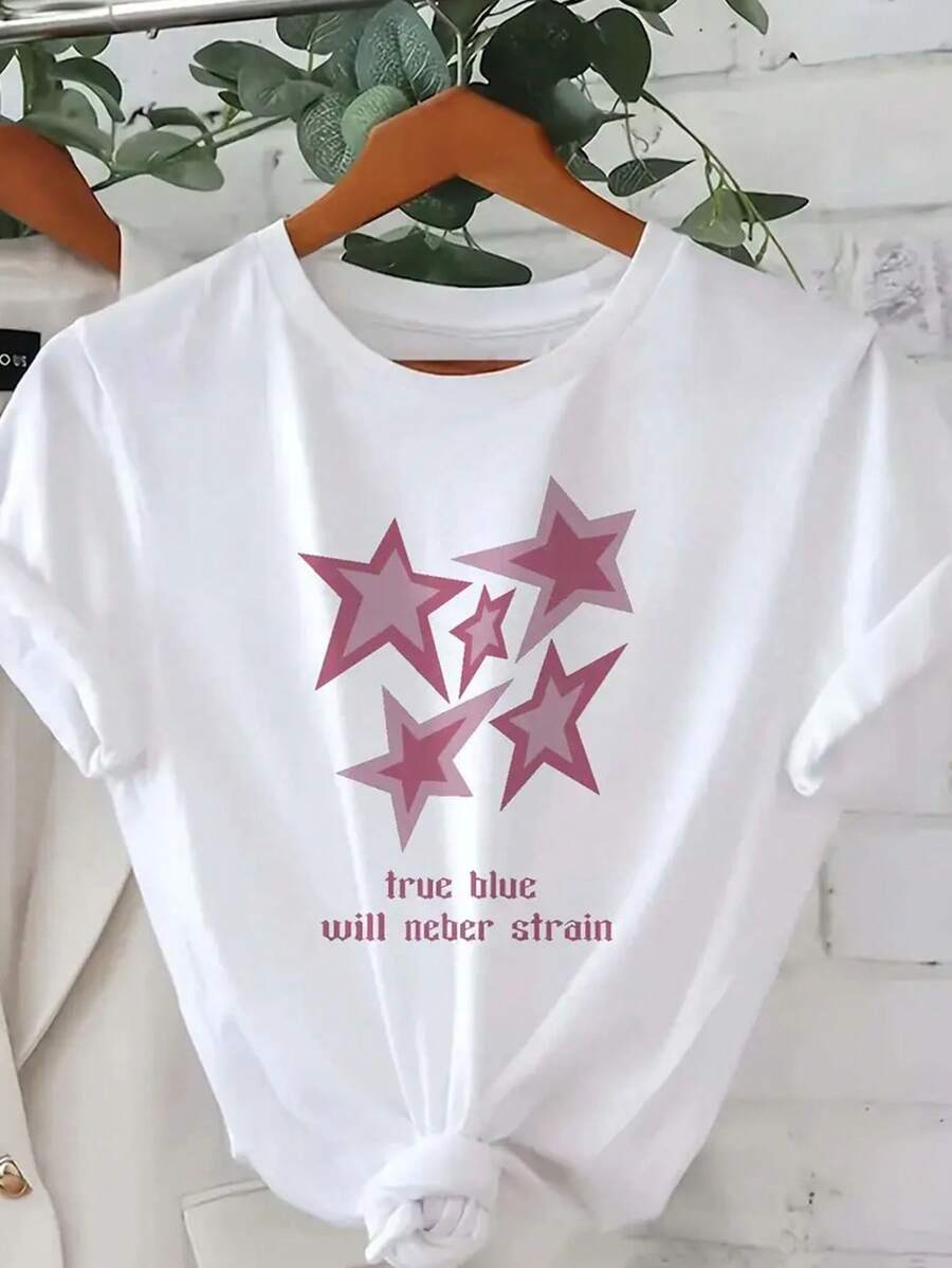 Summer And Spring Graphic Print T-Shirts, Short Sleeve Crew Neck Casual Tops, Women's Tops