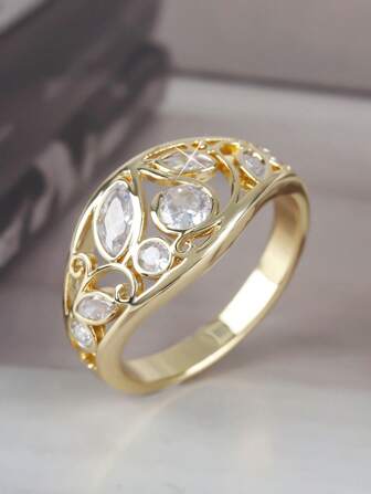 1pc Elegant Luxury Fashion Creative Unique Zirconia Stone 18K Gold Plated Round Eye-Shaped Ring, Gift For Women Wedding, Engagement, Anniversary, Valentine's Day