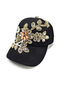 1pc Diamond Flower Decorated Baseball Cap, Elegant Casual Sports Hat For Women, Adjustable Strap, Suitable For Outing, Travel, Party, Fashion Accessory (Decoration Color & Position Random)