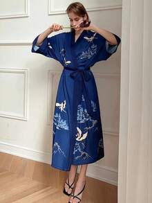 Neo-Traditional Chinese Style Crane Print Mid-Length Loose Kimono Cover Up, Lightweight Summer Tie-Waist Robe, Outerwear - Blue - View 9