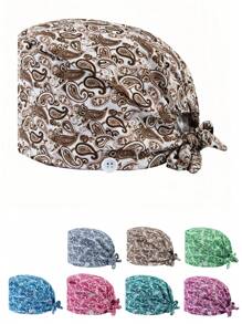 1 pieza Gorro de enfermera de alta calidad con estampado de flores de paisley coloridas, con cordón, elástico en la parte trasera y ganchos para correa lateral de máscara, adecuado para médicos, enfermeras y todo el personal de hospital, salón de belleza y veterinaria - Multicolor - Ver 5