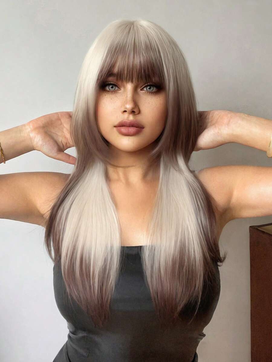 1-Piece Synthetic Heat-Resistant Chocolate Brown-Green Ombre Wig With Bangs 24 Inches Long Fully Machine-Woven Natural And Realistic Mermaid-Style Wig