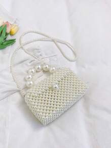 1pc Mini Elegant Faux Pearl Hand-Woven Shoulder Handbag, Crossbody Phone Purse, Suitable For Women Daily Use & Dates, Gift